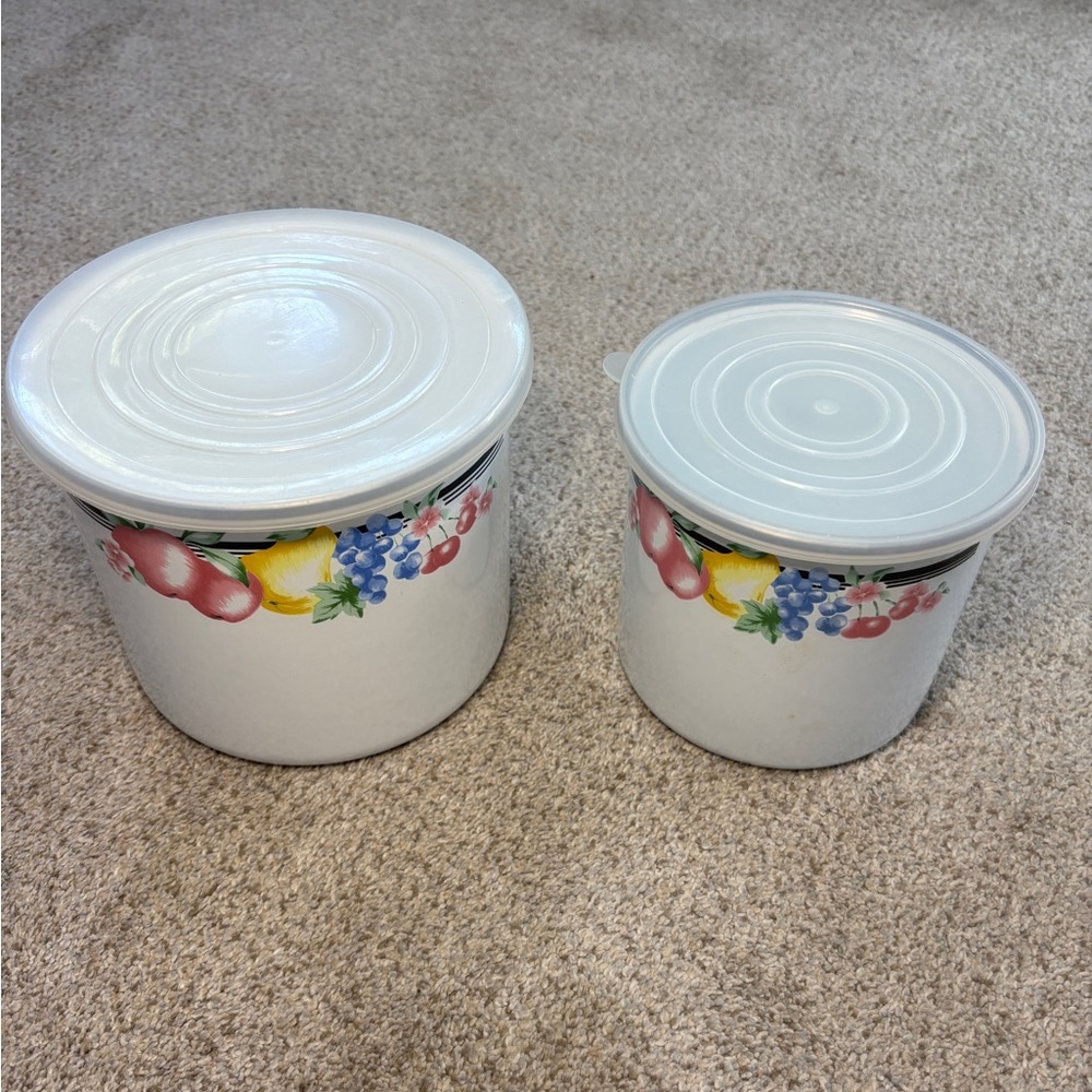 Vintage GMI Enamel Fruit and Floral White Storage Canisters with Lids Storage